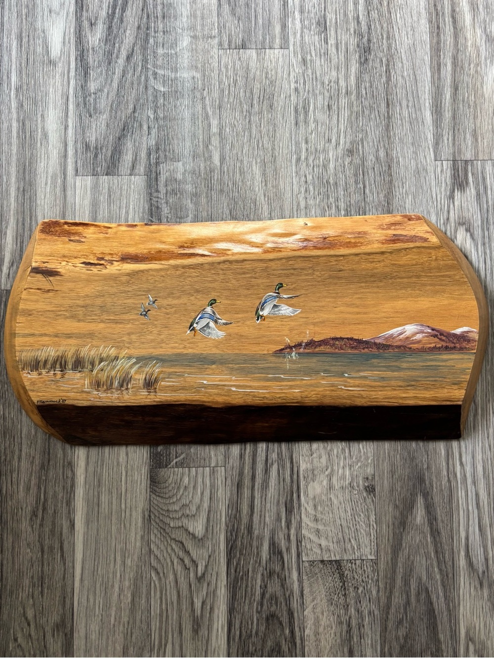 Original Folk Art Painting on Live Edge Wood Slab Signed by Artist F. Dammock